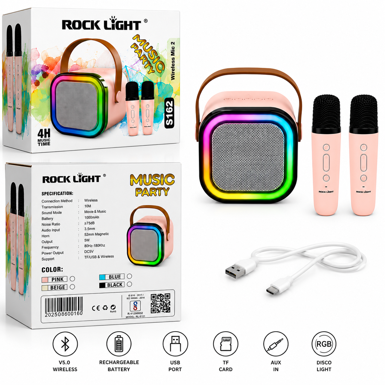 RockLight S162 Wireless Speaker with Dual Microphones & RGB LED Lights - Image 3