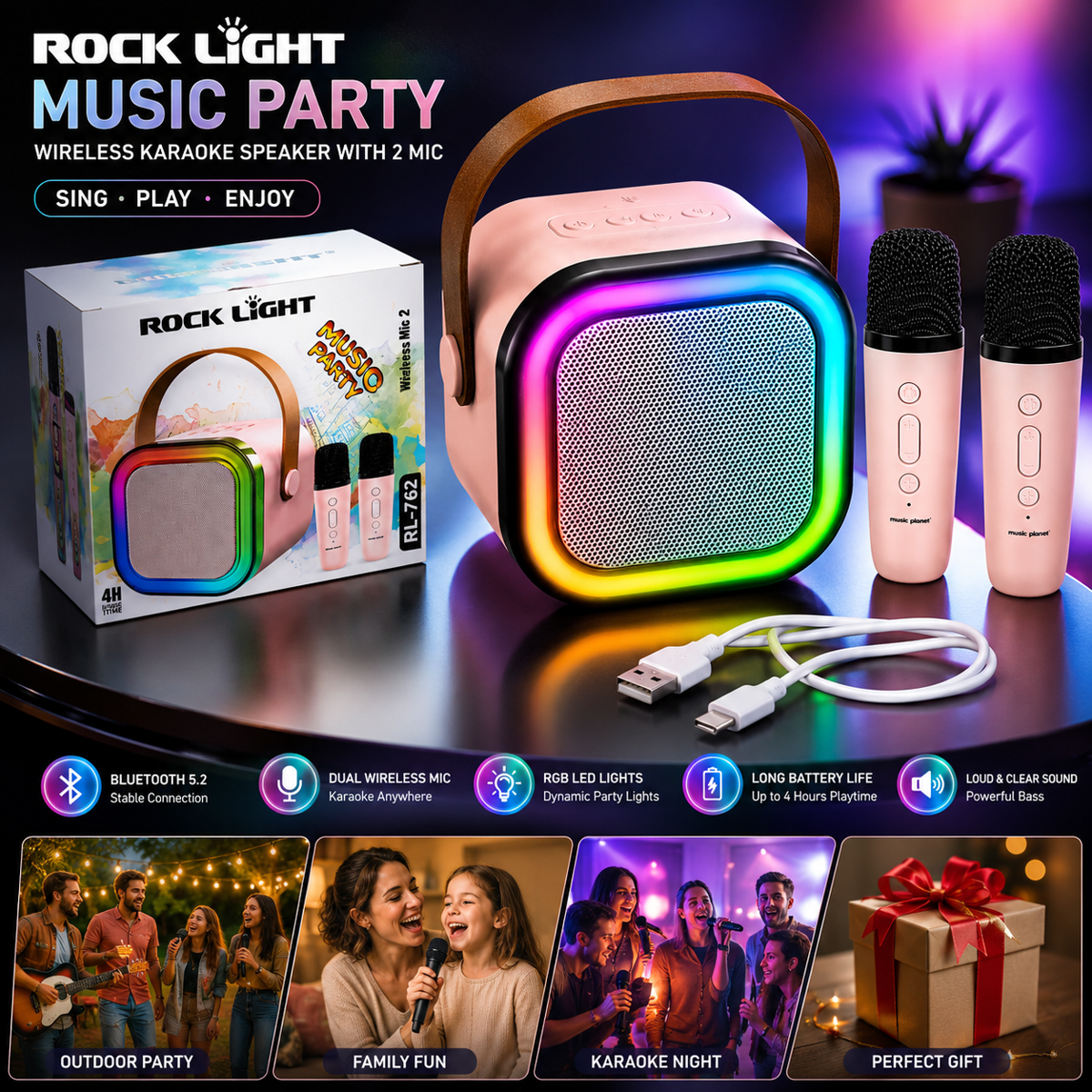 RockLight S162 Wireless Speaker with Dual Microphones & RGB LED Lights - Image 4