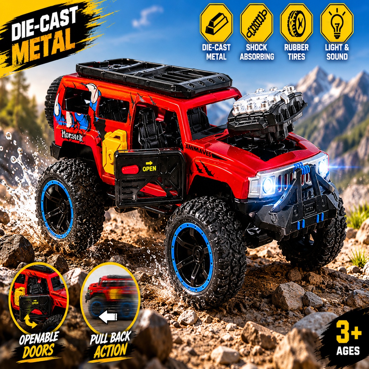 Monster Vehicle Die-Cast Metal Pull Back Toy Car with Light & Sound for Kids - Image 3