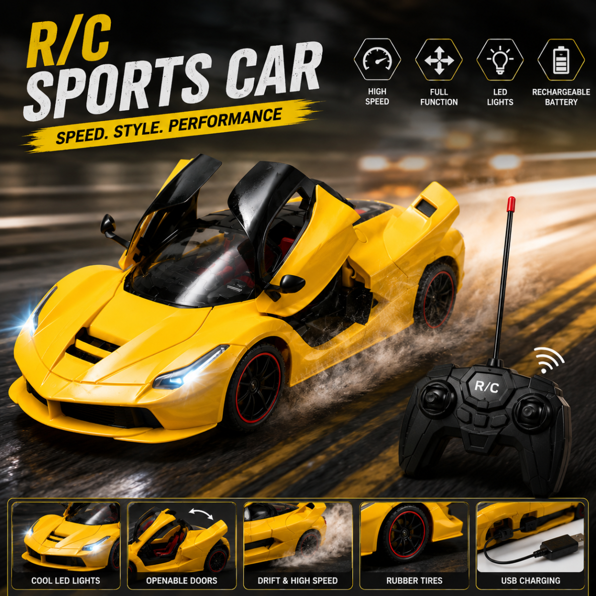 Super Racing Remote Control Sports Car with Spray Function, LED Lights & Openable Doors - Image 4