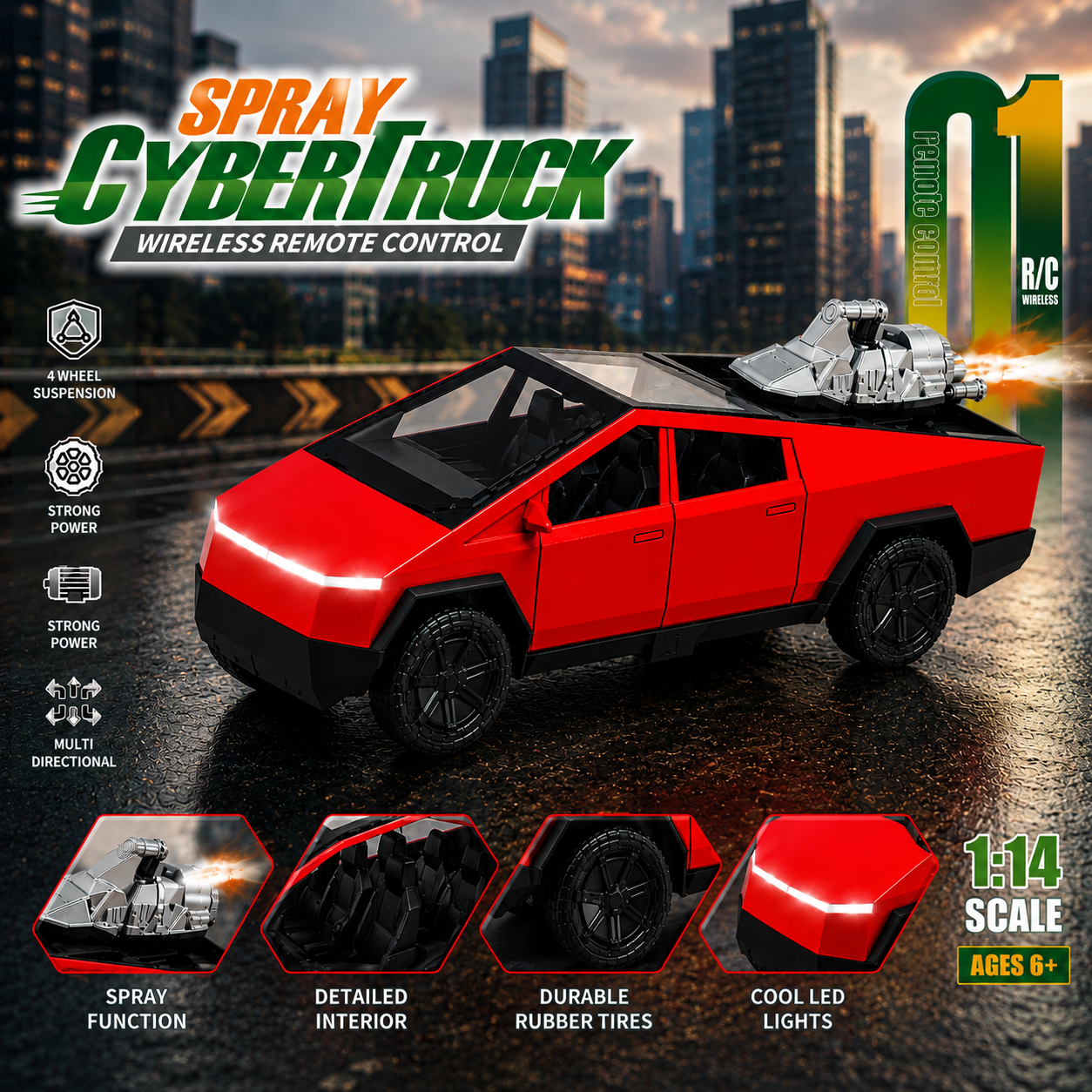 Tesla Spray CyberTruck Wireless Remote Control Car with LED Lights, Spray Mist & Multi Direction Driving for Kids - Image 3