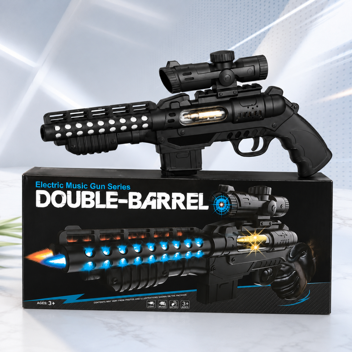 Double Barrel Electric Music Toy Gun with Scope, Flashing Lights & Sound – Battery Operated Toy Rifle for Kids